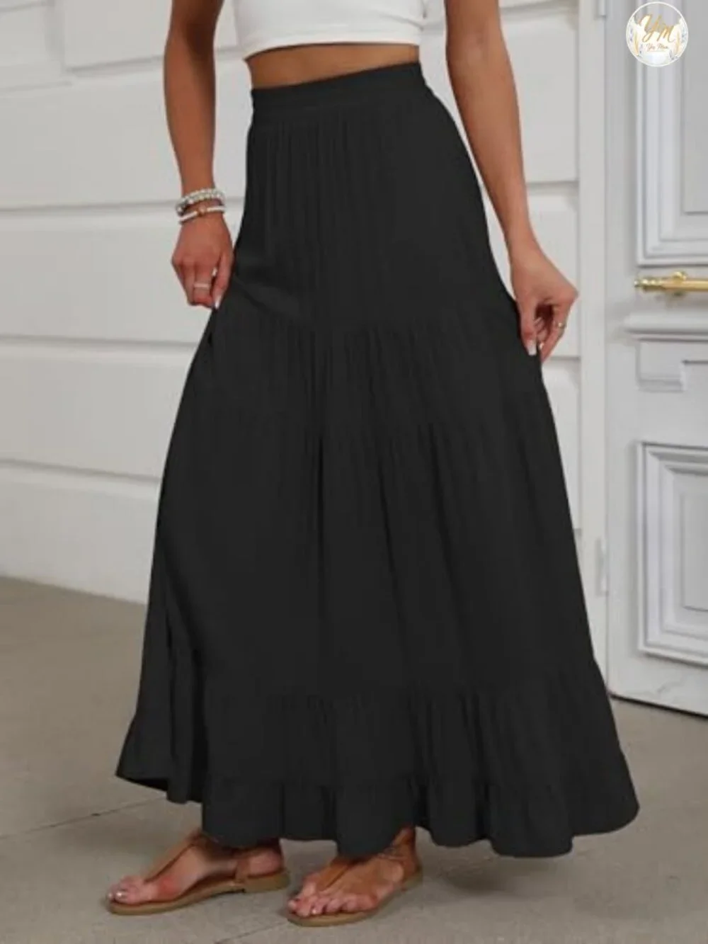 Womens Maxi Skirt Elastic High Waist Tiered A-Line Flowy Pleated Boho Beach